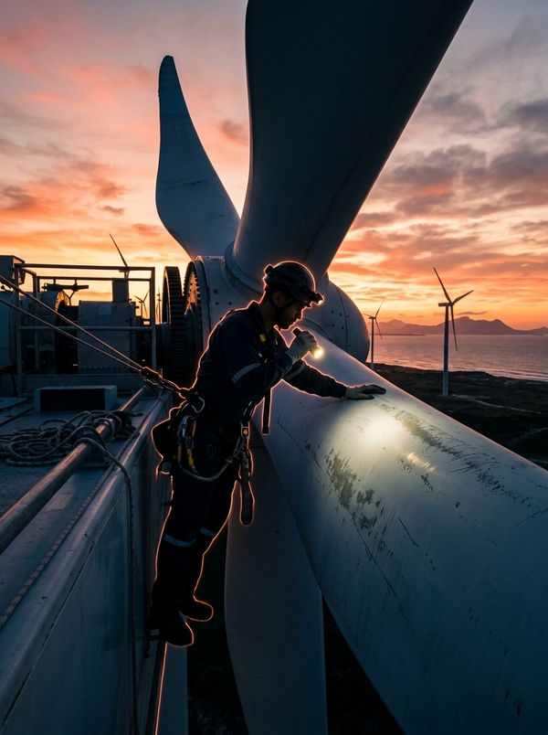 Técnico com equipamento de acesso por corda inspecionando a pá de uma turbina eólica ao pôr do sol